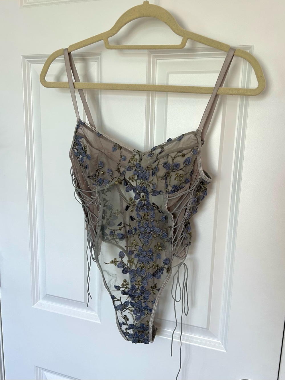 SHEIN Taupe Sheer Lace Bodysuit with Blue Floral Embroidery